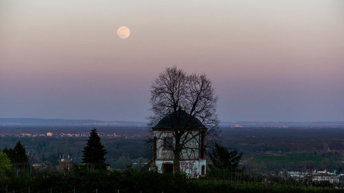 Trees and buildings against sky at sunset