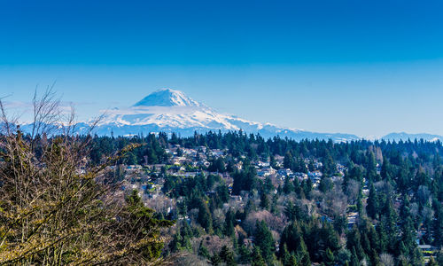 Scenic view of snowcapped mountains against clear blue sky