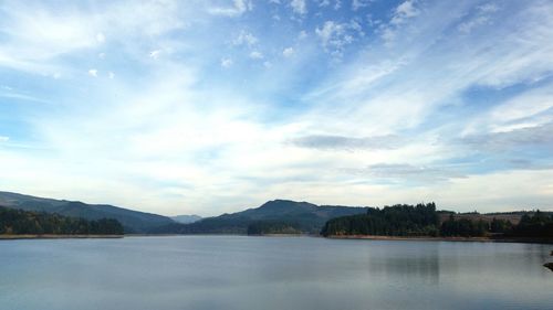 Scenic view of lake against cloudy sky