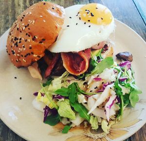 Close-up of breakfast served on table