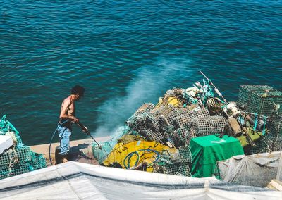 High angle view of fishing net in sea