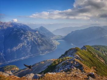 Aerial view of mountain range against sky