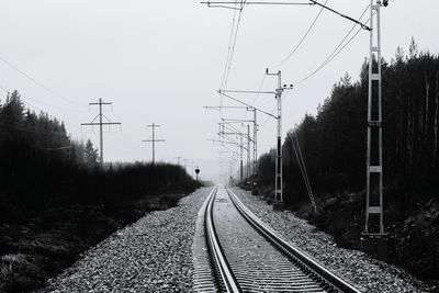 High angle view of railroad tracks amidst trees against clear sky