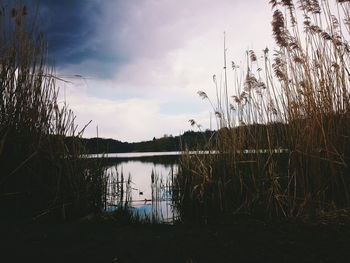 Calm lake against cloudy sky