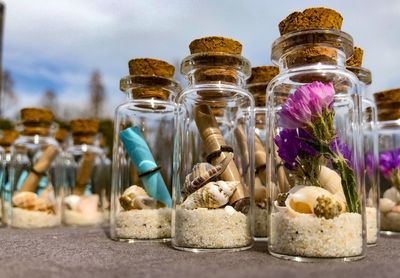 Close-up of ice cream in glass jar on table