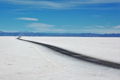 Scenic view of snow covered land against sky