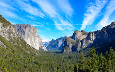 Panoramic view of mountains against blue sky