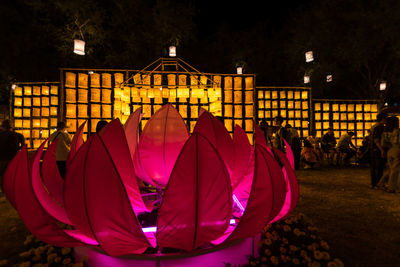 Group of people against illuminated built structure at night