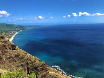 Scenic view of sea against blue sky