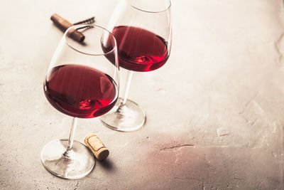 High angle view of wine glasses on table