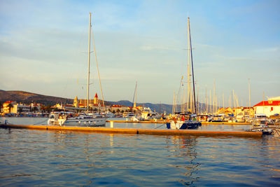 Harbor with yachts in trogir croatia . berth with masts