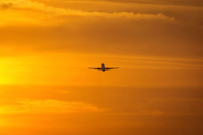 Low angle view of silhouette airplane against sky during sunset