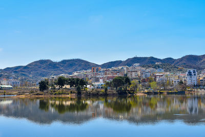 Scenic view of lake by buildings against blue sky