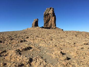 Rock formations on landscape against clear blue sky