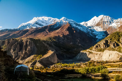 Panoramic view of snowcapped mountains against clear sky