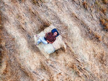 Drone shot of man lying on hay