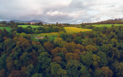 High angle view of trees on landscape against sky