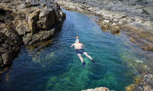 Rear view of person swimming in sea