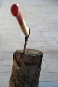 Close-up of axe stuck in tree stump