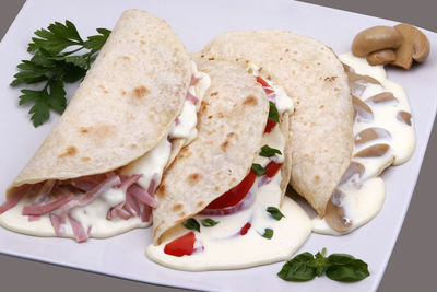 Close-up of breakfast served in plate