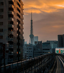 Buildings in city against sky during sunset