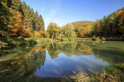 Scenic view of lake by trees against sky
