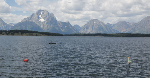 Scenic view of lake and mountains against sky