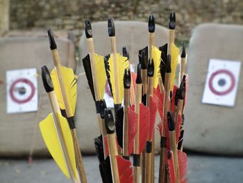 Close-up of multi colored arrows