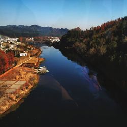 Scenic view of river by buildings against sky