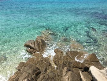 Scenic view of rocks on sea shore