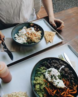 High angle view of food served on table