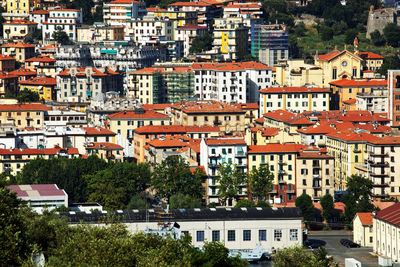 High angle view of cityscape during sunny day