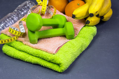 High angle view of green chili peppers on table