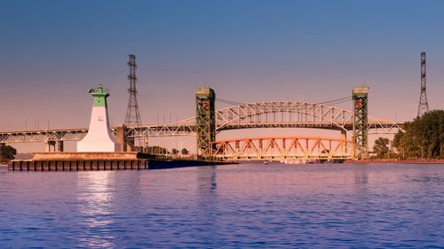 A view of the burlington canal lift bridge and skyway bridge of qew in ontario, canada