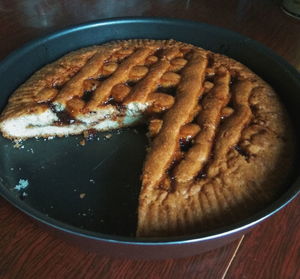 High angle view of cake in plate on table