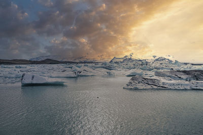 Scenic jokulsarlon glacier lagoon with mountain in background during sunset