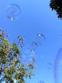 Low angle view of bubbles against clear blue sky