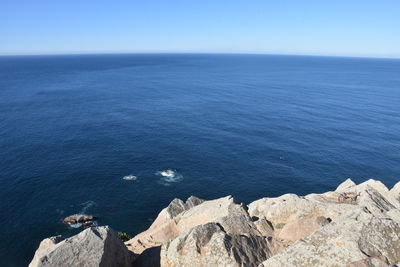 High angle view of rocks in sea against clear sky
