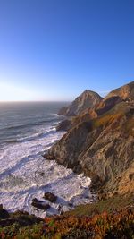 Scenic view of sea against clear blue sky