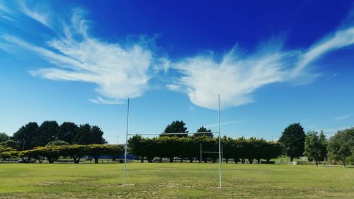 Trees on grassy field against cloudy sky