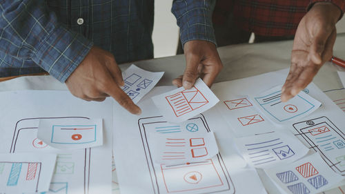 High angle view of people with text on table