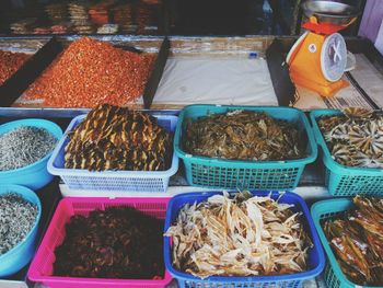 High angle view of dried fish in container for sale at market stall