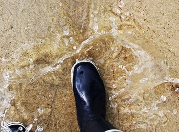 Low section of person standing in rubber boot at beach