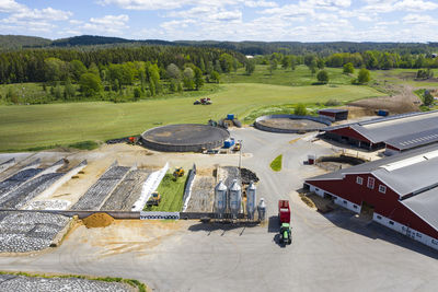 View of silage pit and agricultural buildings