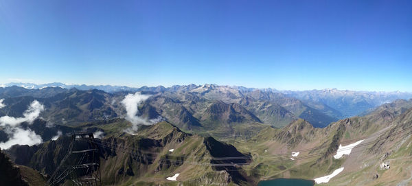 Panoramic view of mountains against clear blue sky