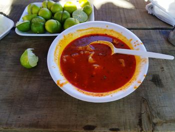 High angle view of soup in bowl on table