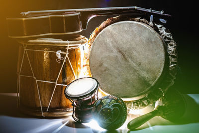 Close-up of musical equipment on floor