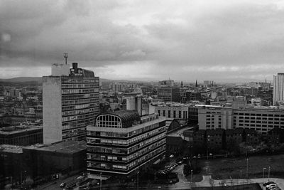 High angle view of buildings against sky