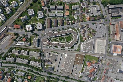 High angle view of buildings in city