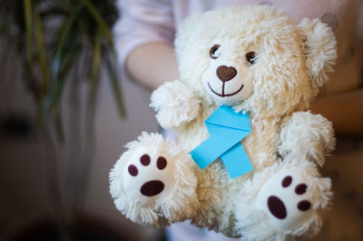 The girl holds in her hands a toy teddy bear with a blue ribbon.